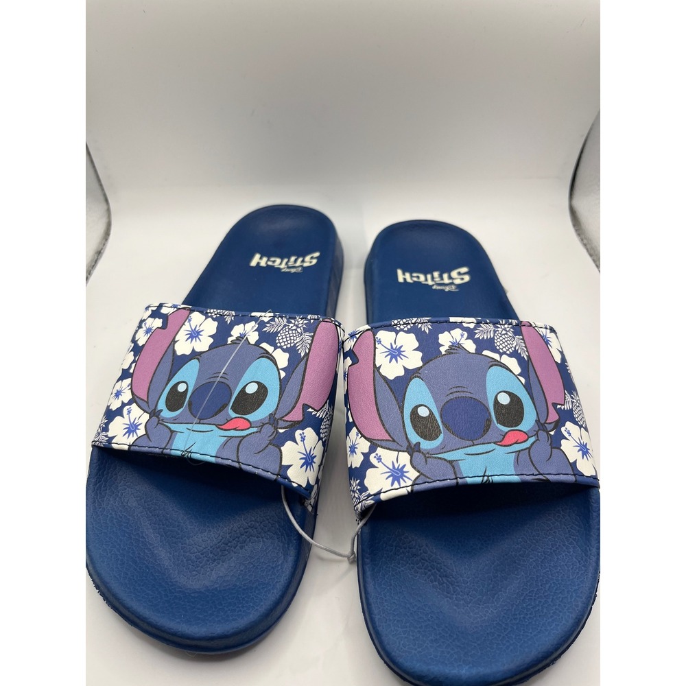 Disney Stitch Floral Slides Sandals Blue White Women Size 7‎ Pool Beach
